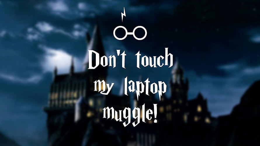 Harry Potter Hogwarts Castle Night Sky with Muggle Laptop Warning Text HD wallpaper
