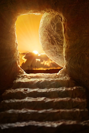 Empty Tomb With Rolled Stone And Three Crosses At Sunset HD phone wallpaper
