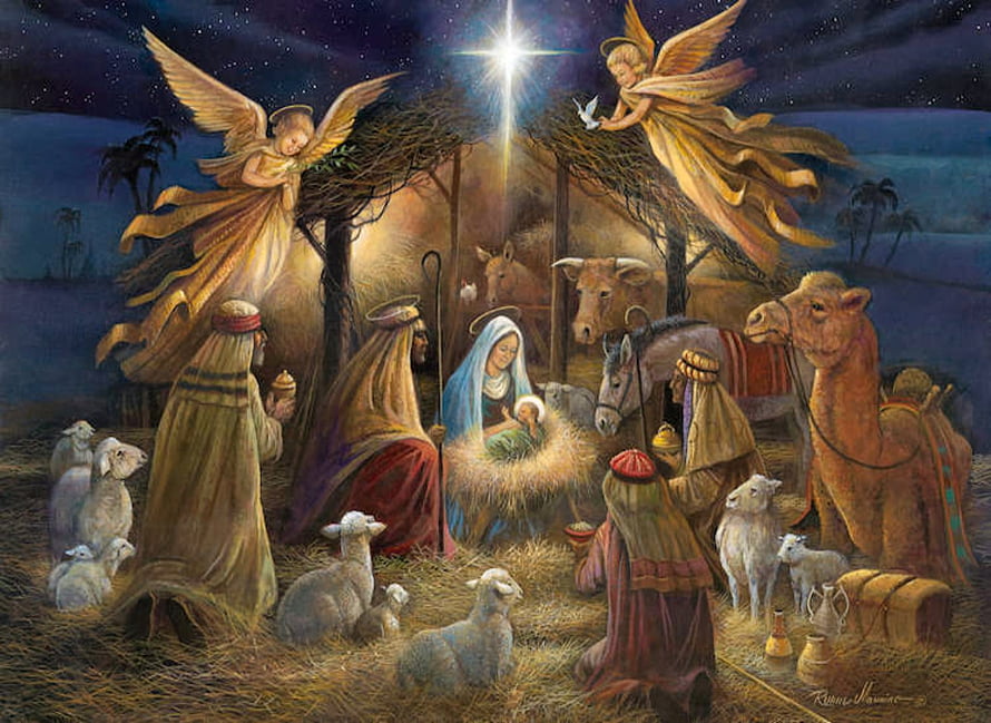 Traditional Nativity Scene with Mary, Joseph, Baby Jesus, Angels, and Wise Men HD wallpaper
