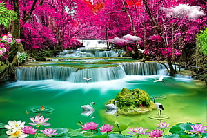 Magical Pink Forest Waterfall with Swans and Lotus Flowers HD wallpaper