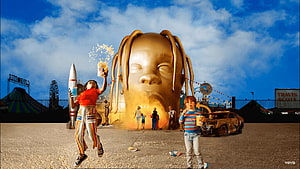 Astroworld Festival Scene Featuring Giant Golden Head Sculpture and Carnival Rides HD wallpaper