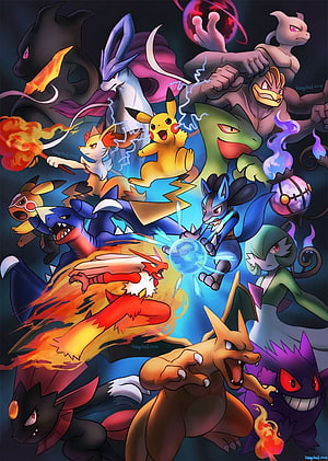 Dynamic Group Illustration of Legendary and Mythical Pokemon Characters in Action HD phone wallpaper