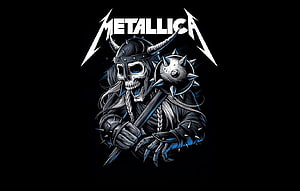 Metallica Viking Skull Warrior with Mace and Horned Helmet on Black Background HD wallpaper