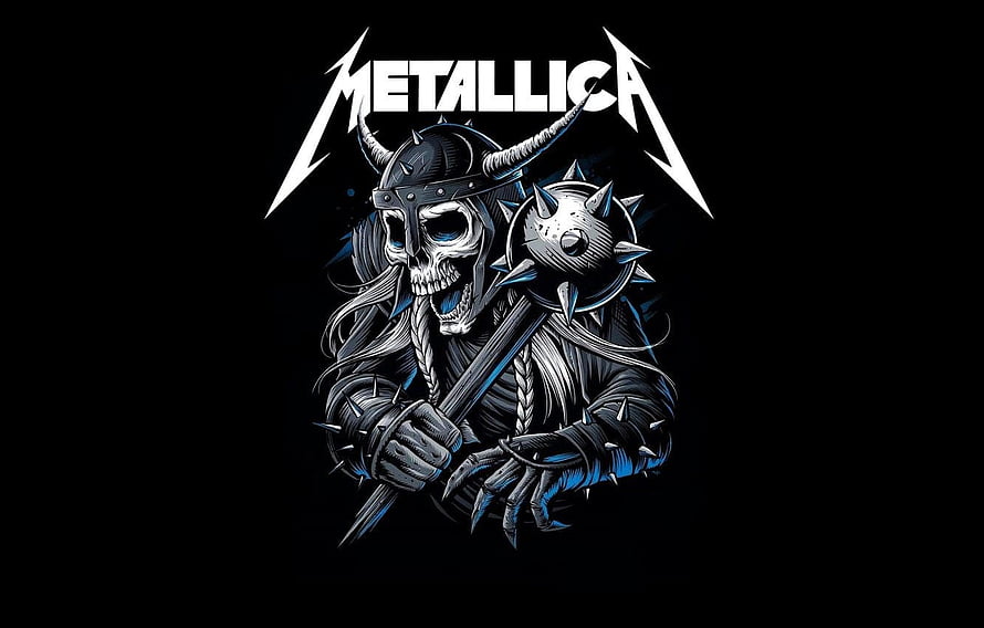 Metallica Viking Skull Warrior with Mace and Horned Helmet on Black Background HD wallpaper