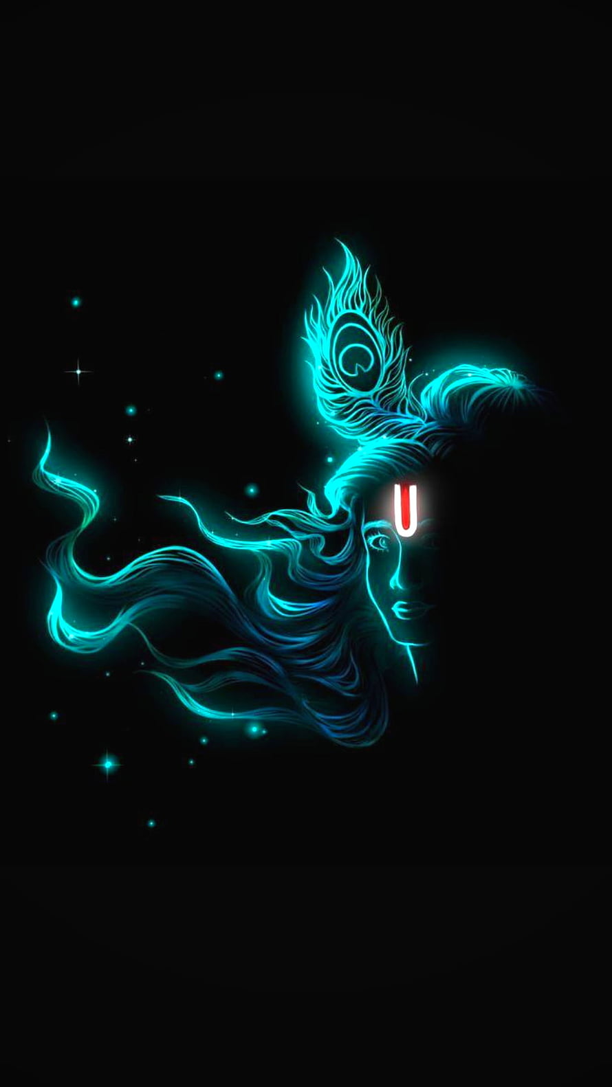 Glowing Neon Blue Goddess Profile With Peacock Feather Crown And Starry Night Background HD phone wallpaper
