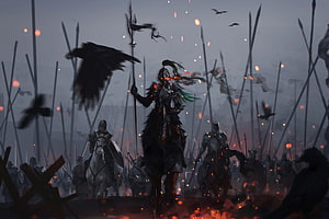 Dark Fantasy Knight on Horseback Leading Army Through Battlefield with Ravens and Embers HD wallpaper