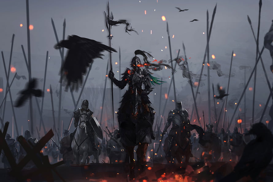 Dark Fantasy Knight on Horseback Leading Army Through Battlefield with Ravens and Embers HD wallpaper