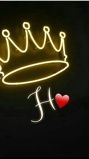 Glowing Yellow Neon Crown Sign With Letter H And Red Heart On Dark Background HD phone wallpaper