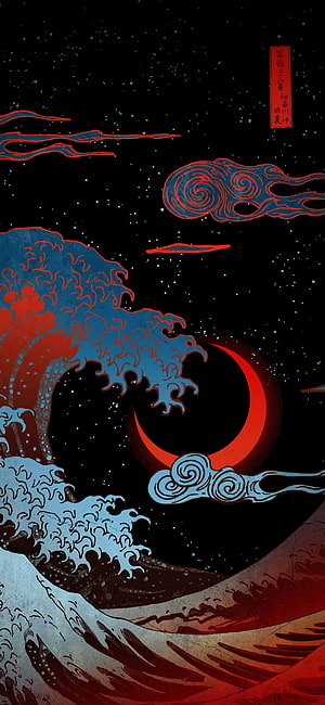 Red and Blue Japanese Woodblock Style Wave Art with Crescent Moon and Stars HD phone wallpaper