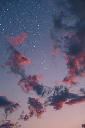 Crescent Moon and Pink Clouds in a Starry Night Sky HD phone wallpaper