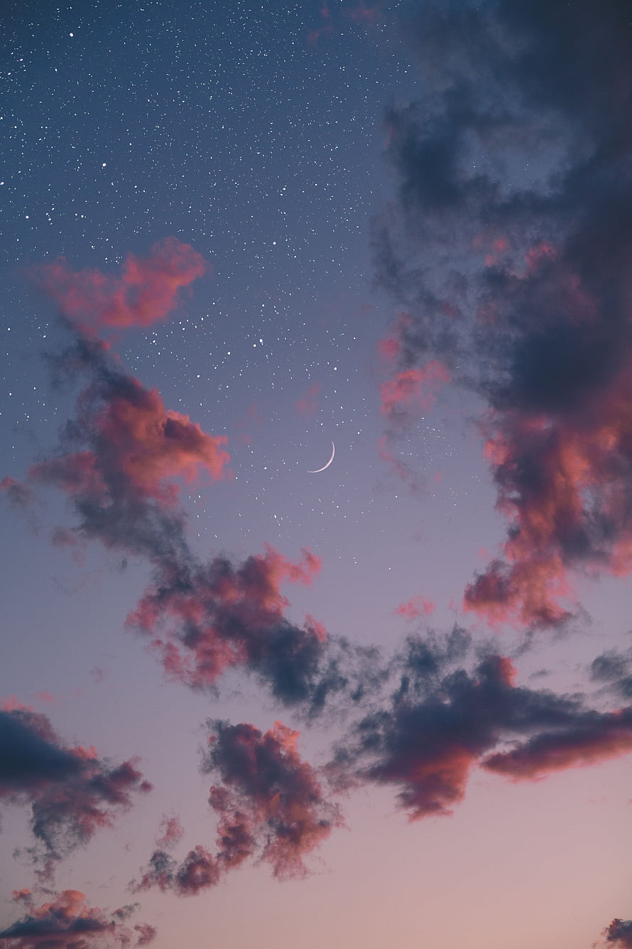 Crescent Moon and Pink Clouds in a Starry Night Sky HD phone wallpaper