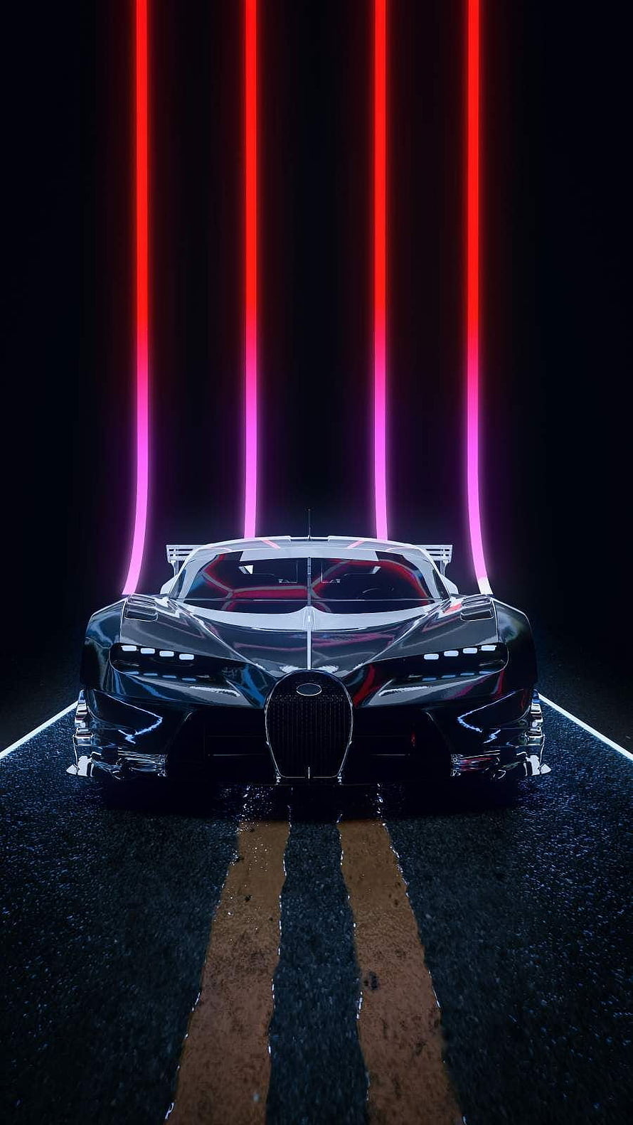 Bugatti Bolide Hypercar Front View With Neon Lights HD phone wallpaper
