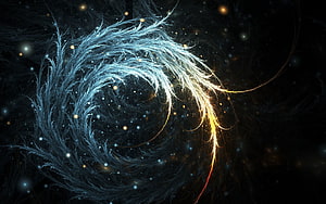Abstract Blue and Gold Swirling Fractal Galaxy with Glowing Particles HD wallpaper