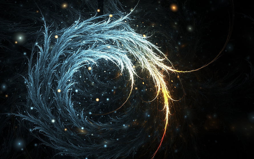 Abstract Blue and Gold Swirling Fractal Galaxy with Glowing Particles HD wallpaper