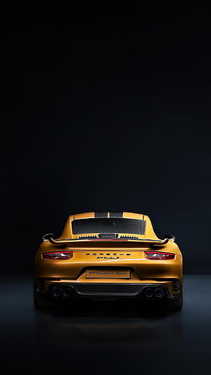 Rear View of Gold Porsche 911 Turbo S Exclusive Series with Black Stripes HD phone wallpaper