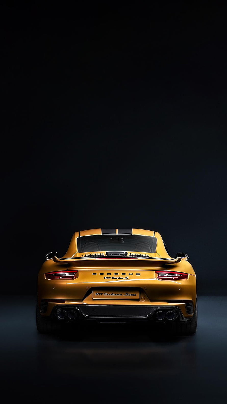 Rear View of Gold Porsche 911 Turbo S Exclusive Series with Black Stripes HD phone wallpaper