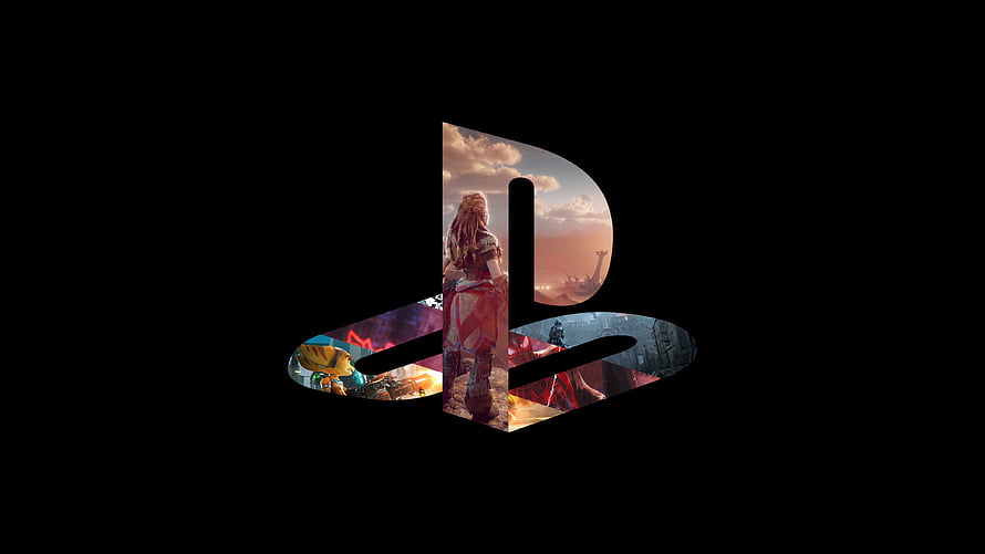 PlayStation Logo Filled With Horizon Zero Dawn and Other Game Scenes Wallpaper HD wallpaper
