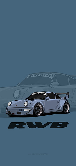 Illustrated RWB Porsche 911 Turbo with RAUH-Welt Banner on Muted Blue Background HD phone wallpaper