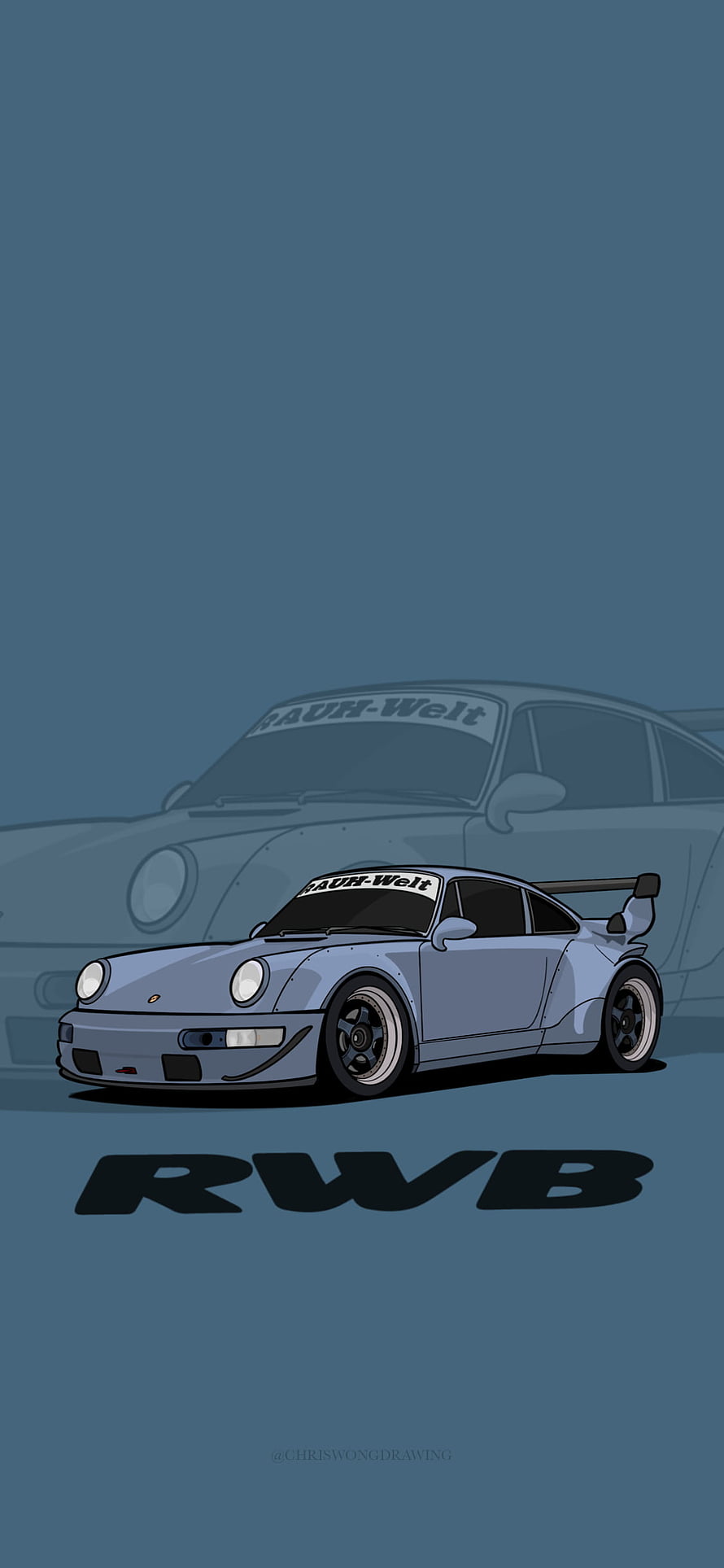 Illustrated RWB Porsche 911 Turbo with RAUH-Welt Banner on Muted Blue Background HD phone wallpaper