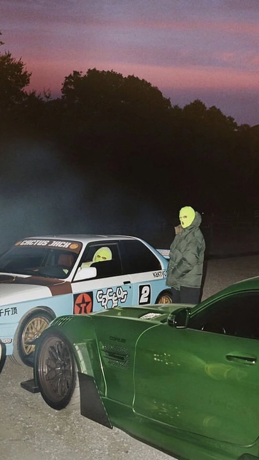 Travis Scott Cactus Jack Racing Car and Green Bugatti at Sunset HD phone wallpaper