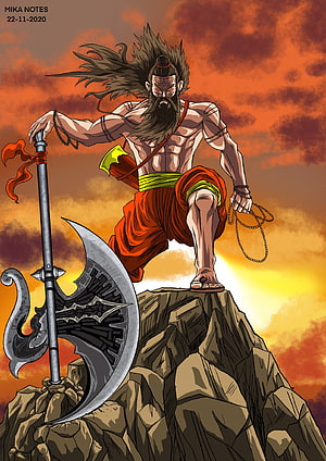 Parashuram Warrior Digital Illustration with Axe on Rocky Peak at Sunset HD phone wallpaper