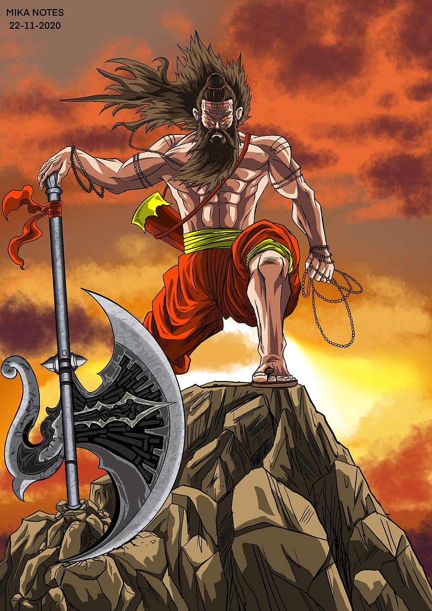 Parashuram Warrior Digital Illustration with Axe on Rocky Peak at Sunset HD phone wallpaper