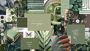 Green Aesthetic Mood Board Featuring Pantone Chive, Vintage Car, Matcha, and Nature Elements HD wallpaper