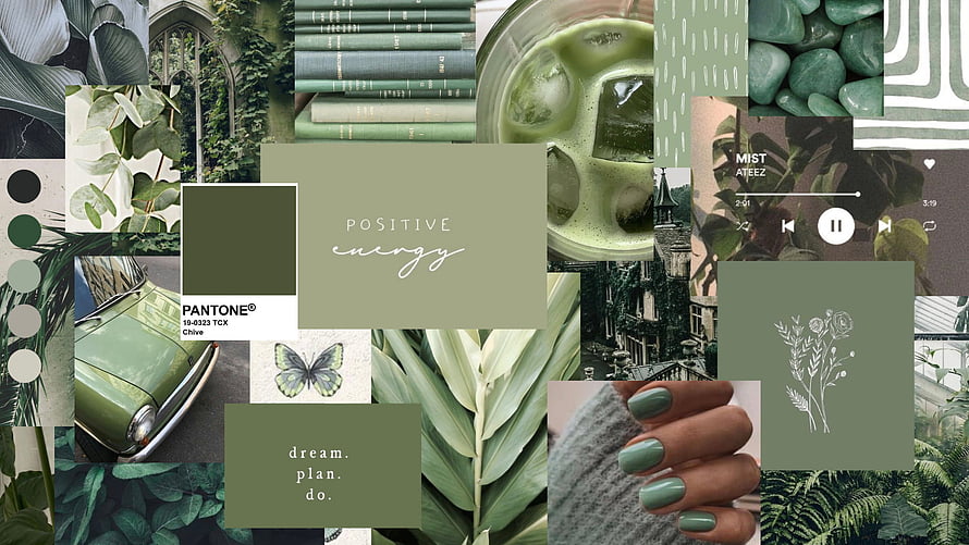 Green Aesthetic Mood Board Featuring Pantone Chive, Vintage Car, Matcha, and Nature Elements HD wallpaper