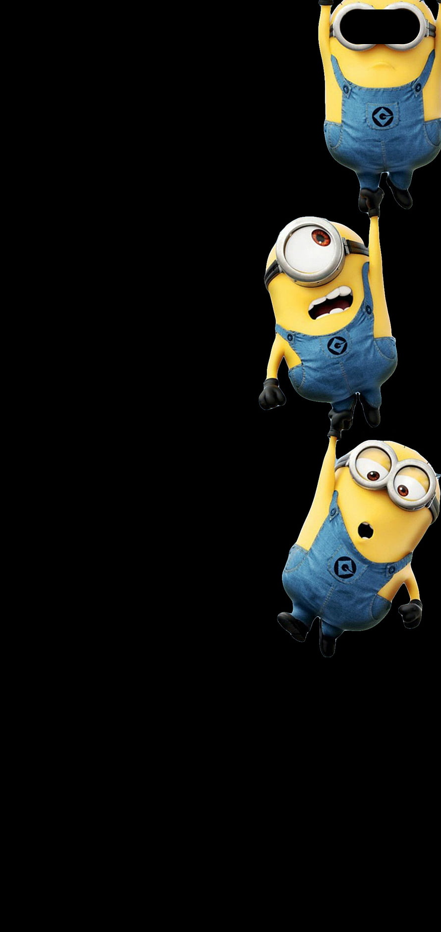 Three Minions Hanging in a Vertical Chain on Black Background HD phone wallpaper