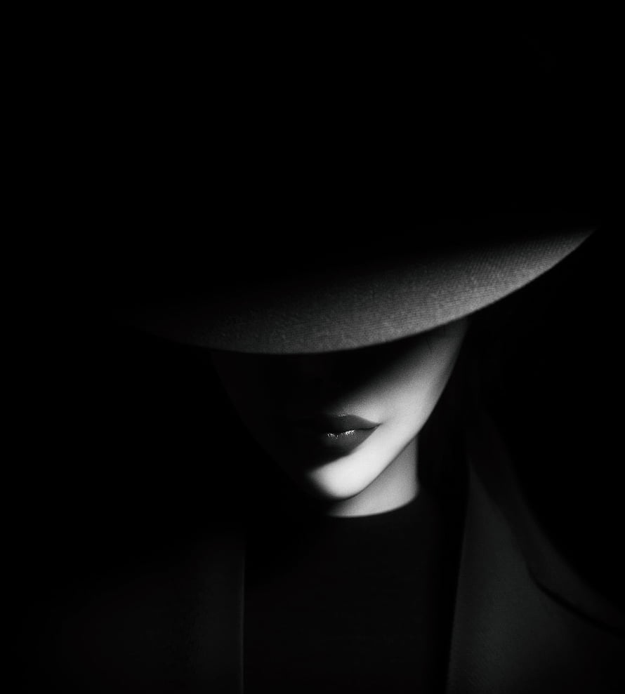 Mysterious Woman in Wide Brim Hat with Dramatic Noir Lighting, Dark, Minimalism, Girl, Bw, Chb, Shadows, Hat HD phone wallpaper