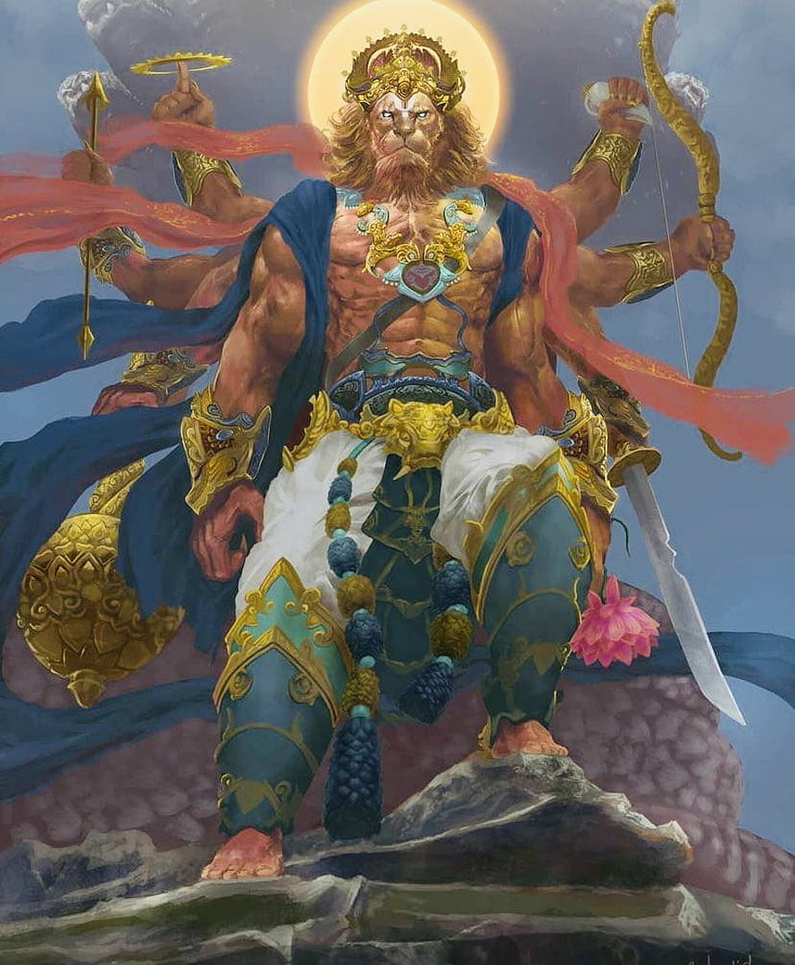 Multi-Armed Hanuman Hindu Deity Warrior Illustration with Bow and Arrow, Vikas Chopra - Narasimha Bhagavan was 4th incarnation of Bhagavan Vishnu Narasimha Jayanti is observed on Vaishakha Shukla Chaturdashi Bhagwan Vishnu appeared in the avatar of Narasimha(half lion&half human)-a fierce form, Angry Vishnu HD phone wallpaper