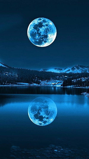 Serene Blue Moon Reflection Over Snowy Mountain Lake at Night HD phone wallpaper