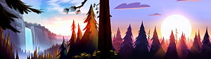 Gravity Falls Forest Sunset with Waterfall and Pine Trees HD wallpaper