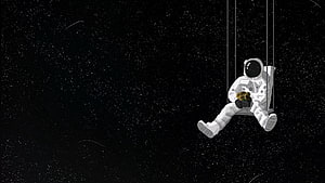 Lone Astronaut Sitting on a Swing in Deep Space Holding a Potted Plant HD wallpaper