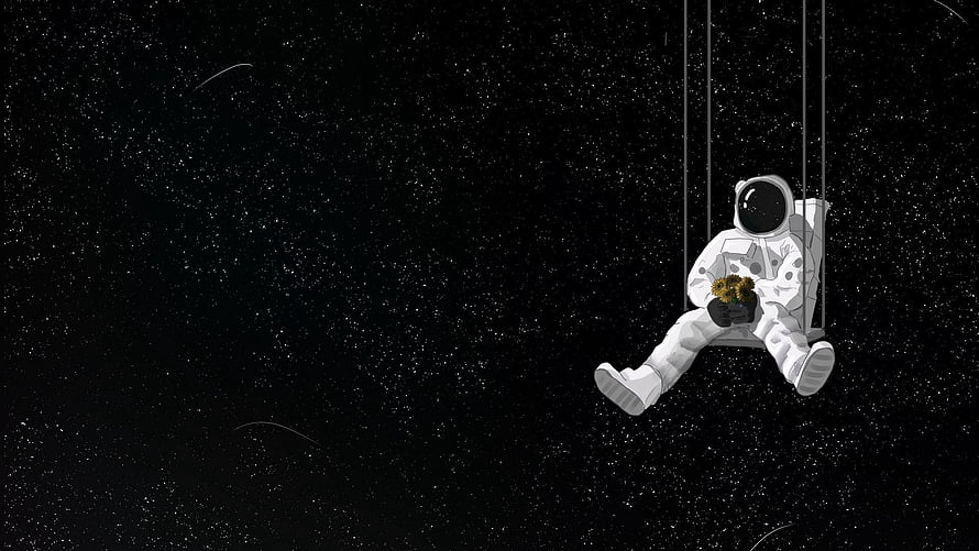 Lone Astronaut Sitting on a Swing in Deep Space Holding a Potted Plant HD wallpaper