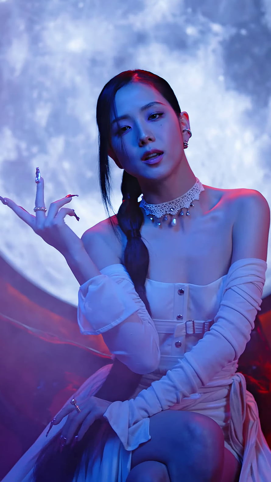 Jisoo from BLACKPINK in White Corset and Lace Choker Under Neon Blue and Red Lighting HD phone wallpaper