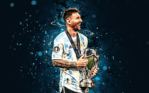 Lionel Messi Celebrating with Copa America Trophy in Argentina National Team Kit HD wallpaper
