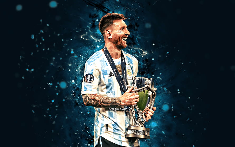 Lionel Messi Celebrating with Copa America Trophy in Argentina National Team Kit HD wallpaper