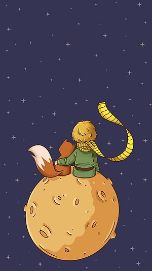 The Little Prince and the Fox Sitting on a Small Planet Under a Starry Night Sky HD phone wallpaper