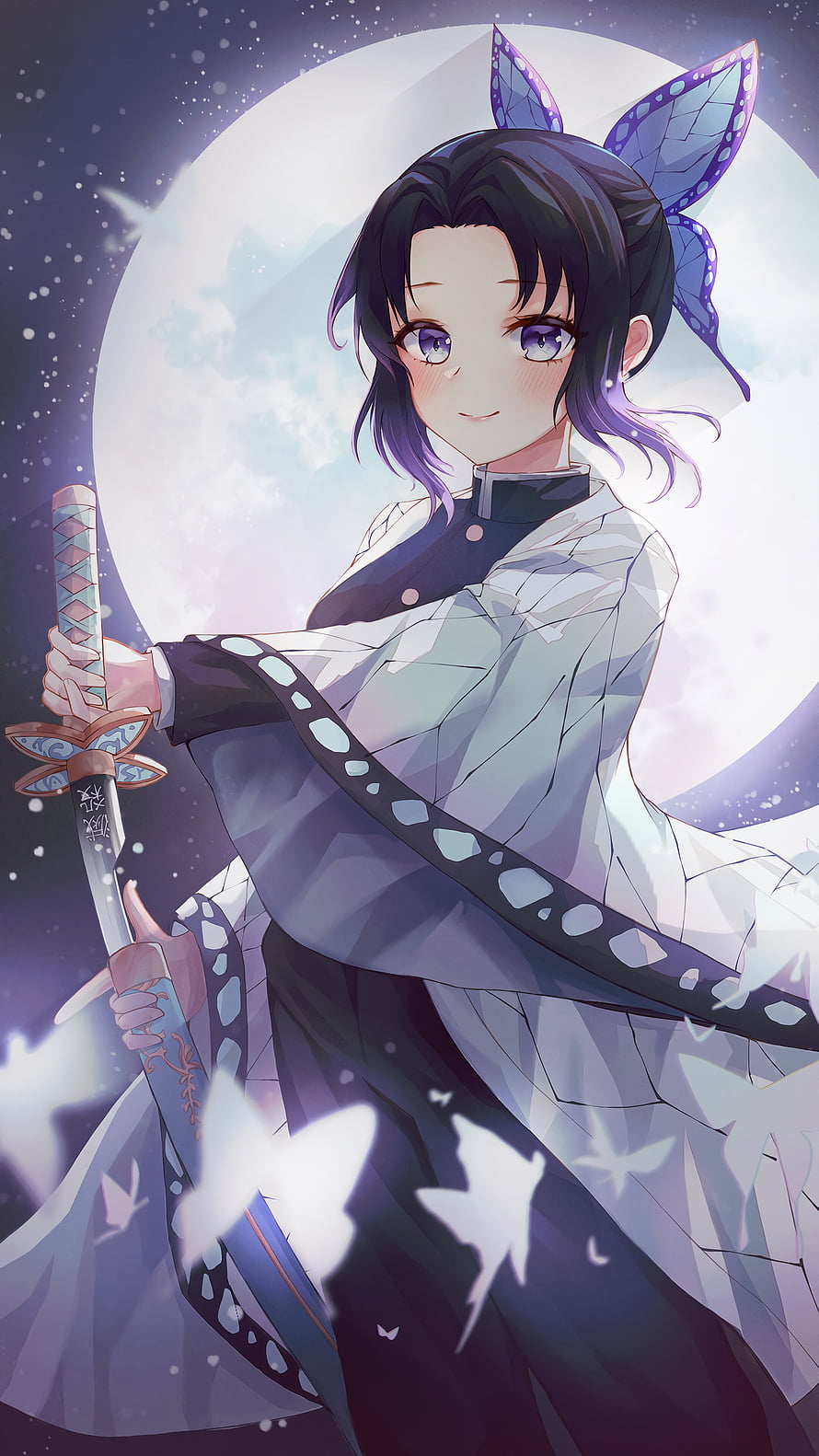Shinobu Kocho from Demon Slayer in a white haori with butterfly hair ornament and katana under a full moon HD phone wallpaper