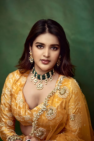 Niddhi Agarwal in Golden Embroidered Saree with Emerald Necklace HD phone wallpaper