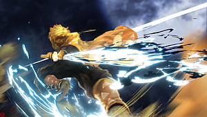 Zenitsu Agatsuma unleashing a lightning-fast sword strike in a dynamic anime action scene HD wallpaper