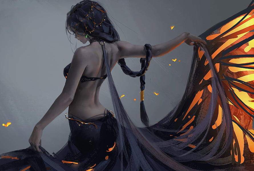 Wlop Fantasy Dancer with Glowing Orange Wings and Flowing Black Fabric HD wallpaper