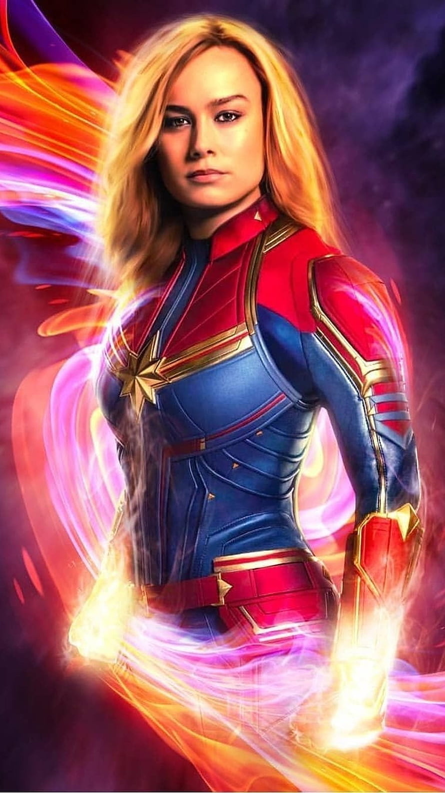 Captain Marvel Superhero Portrait with Cosmic Energy Effects and Vibrant Suit Design HD phone wallpaper