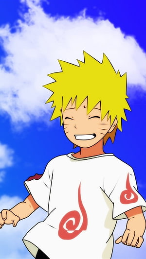 Naruto Uzumaki Smiling in White T-Shirt Against Blue Sky Anime Wallpaper HD phone wallpaper