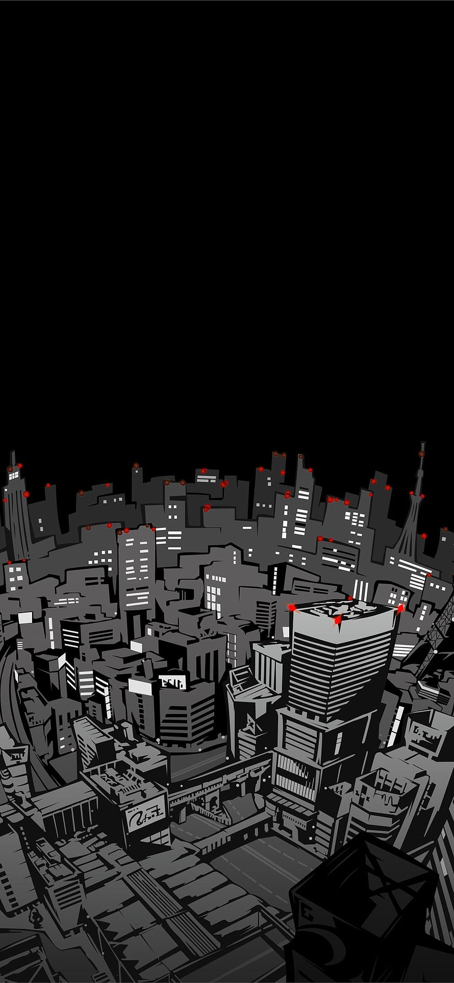 Dark Monochrome Cityscape Illustration With Red Beacon Lights HD phone wallpaper