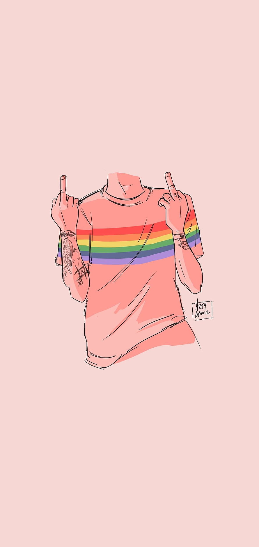 Illustrated figure in a rainbow pride t-shirt with tattoos and raised middle fingers on a pink background HD phone wallpaper