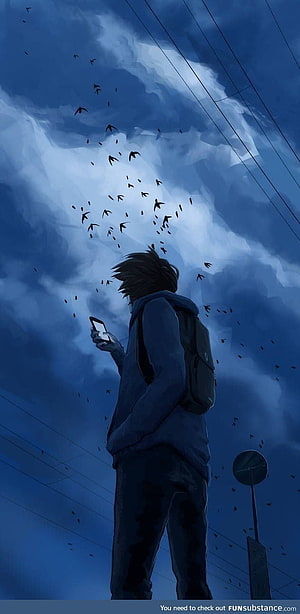 Anime Boy Looking At Phone Under Blue Sky With Flying Birds And Power Lines HD phone wallpaper