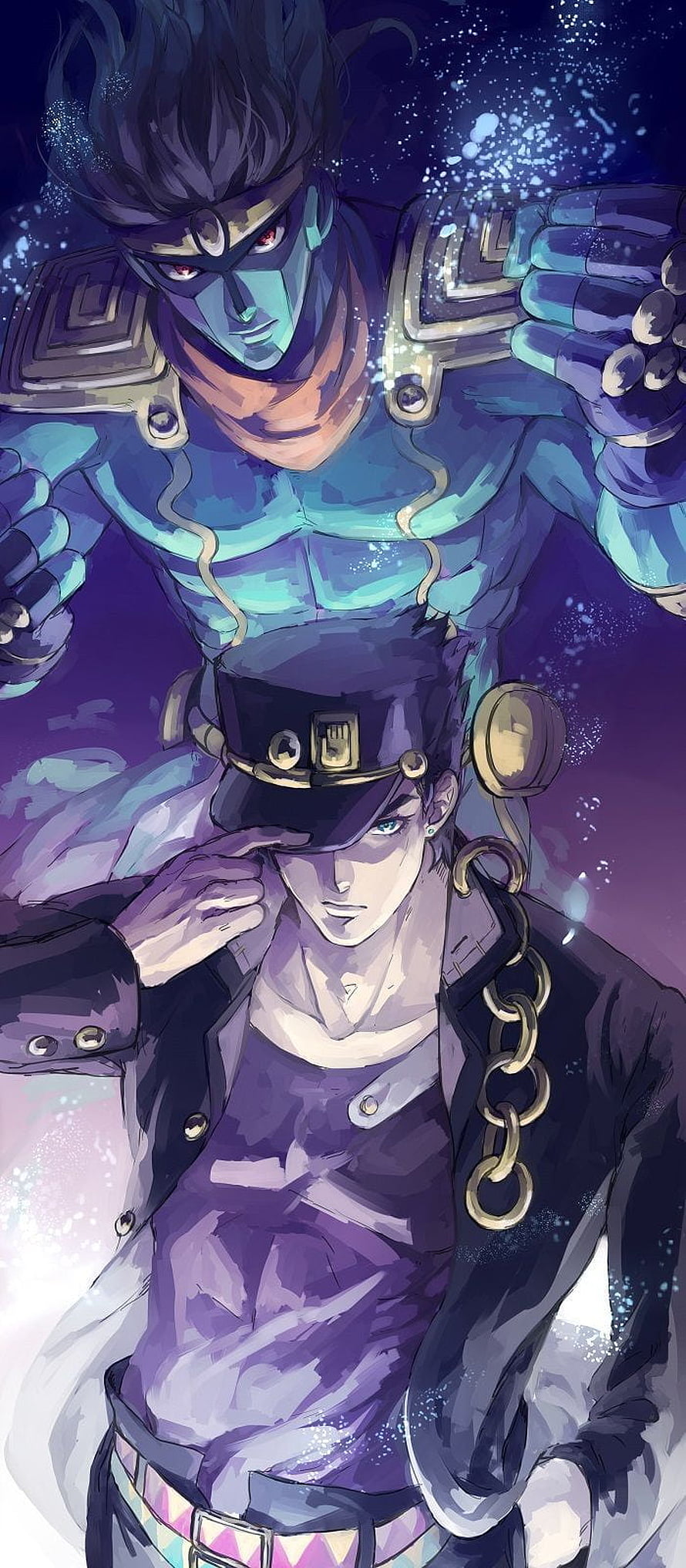 Jotaro Kujo and Star Platinum from JoJo's Bizarre Adventure in Dynamic Anime Art HD phone wallpaper