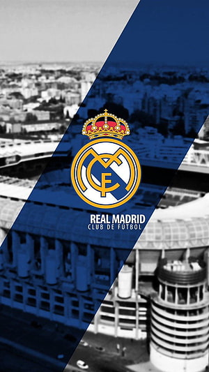 Real Madrid Club de Fútbol Official Crest and Santiago Bernabéu Stadium Aerial View HD phone wallpaper